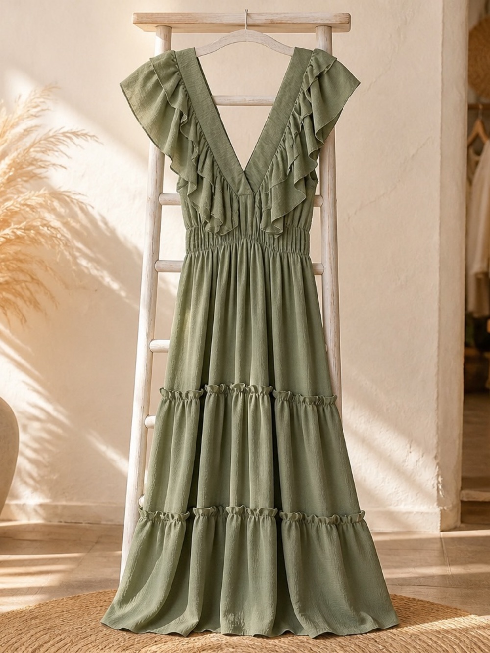 Sage Ruffle V-Neck Maxi Dress Size L, Beautiful Flowing Ruffles, New With Tags